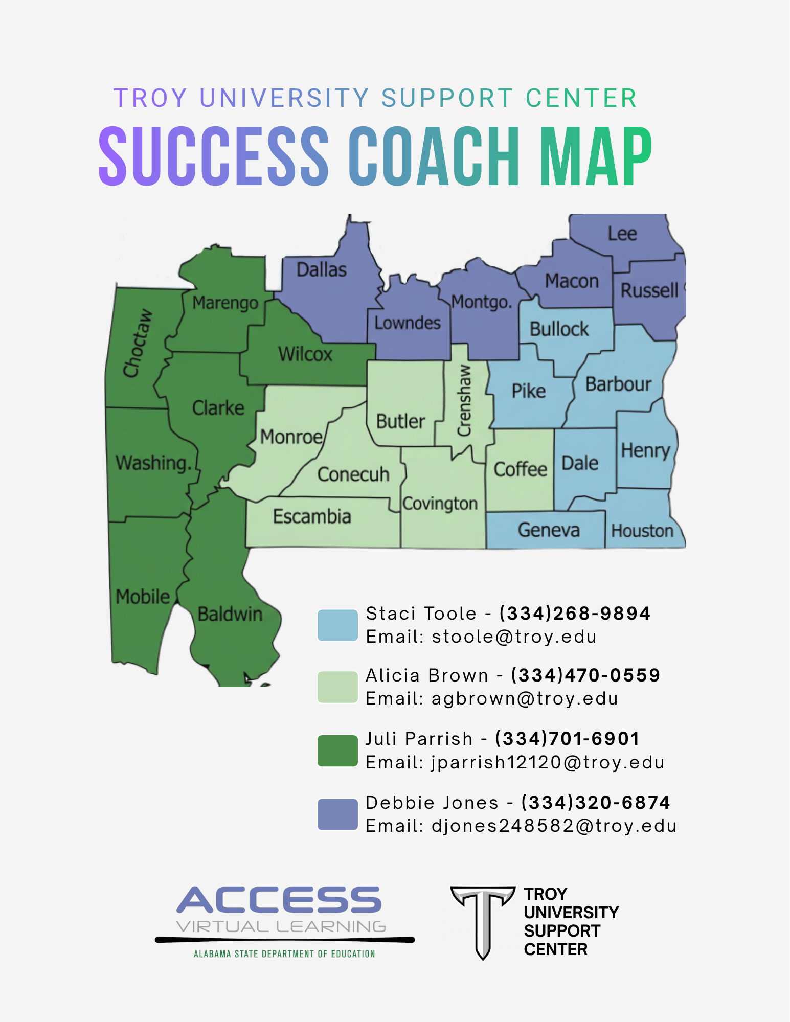 a map that shows success coach regions with contact information