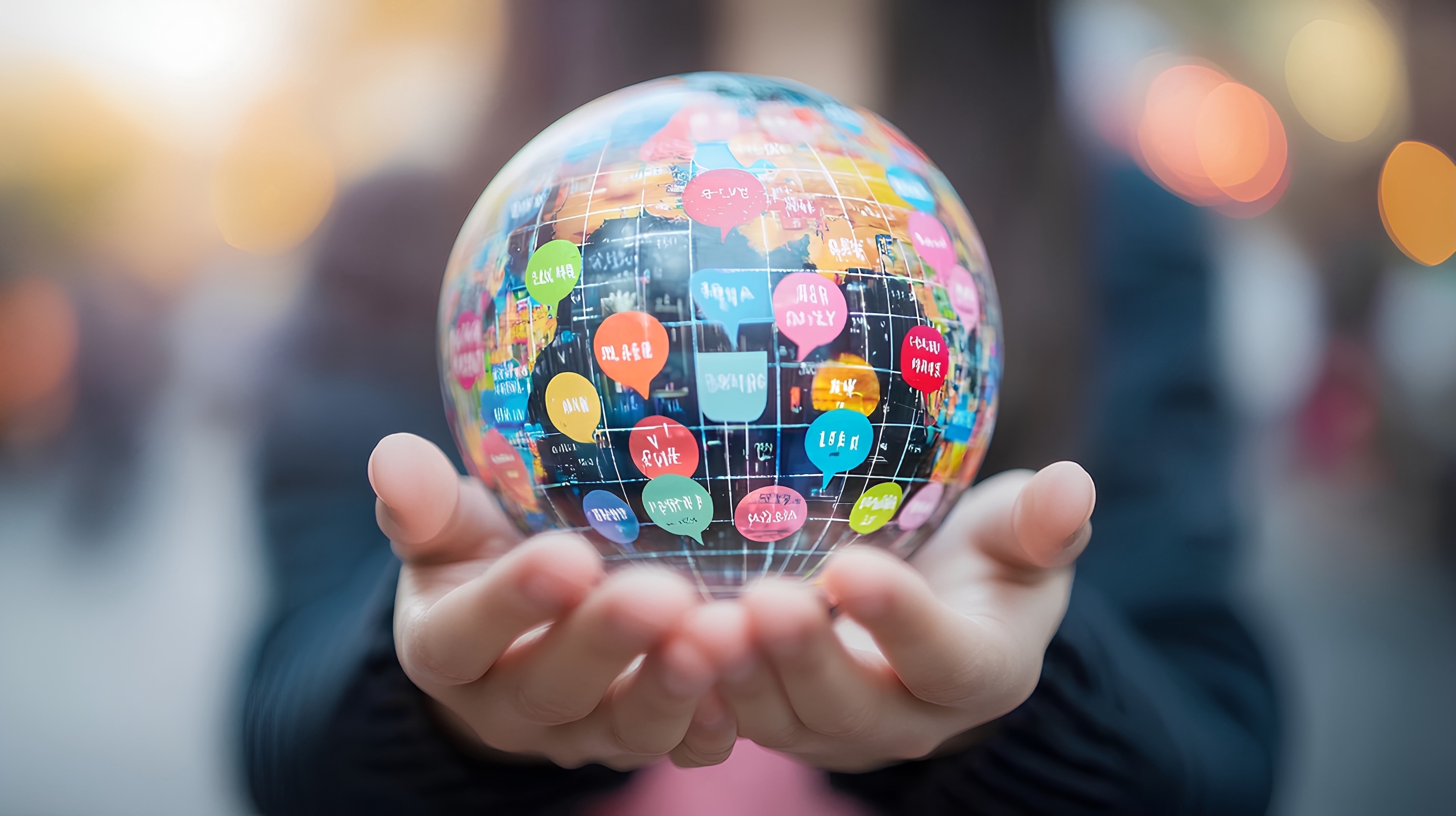 Person holding a ball with different languages