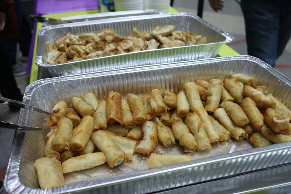 Trays of spring rolls and pan fried chicken dumplings