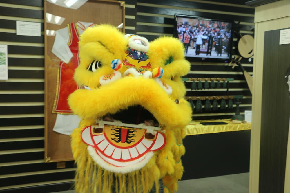 Student wearing the lion dance costume
