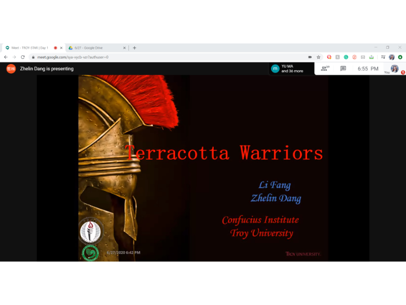 The culture class presented by scholar Zhelin Dang about Terra Cotta warriors in Janice Hawkins park