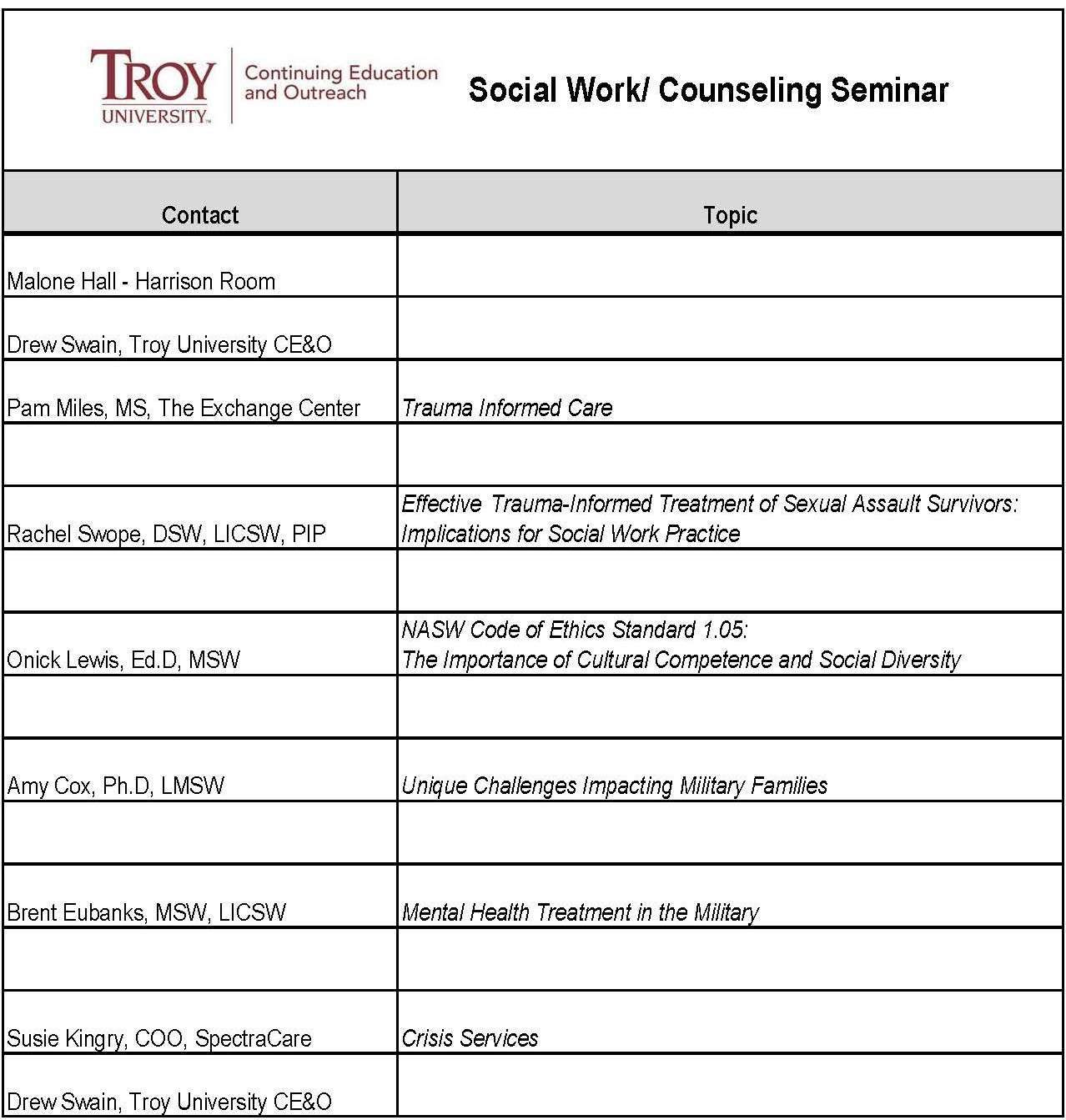 CE&O Social Work agenda