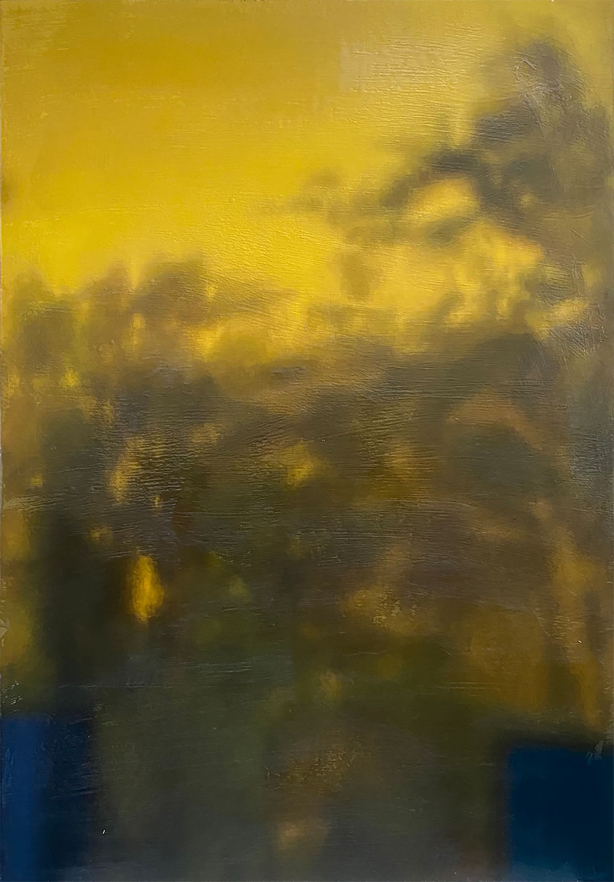 dreamy abstact painting with yellow sunset and blue-green foliage