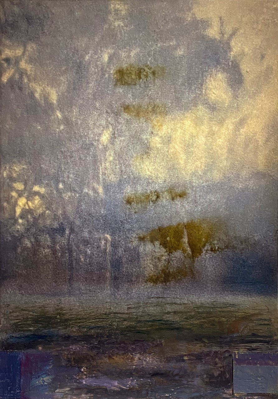 faded depiction of sunset and foliage with soft, muted tones
