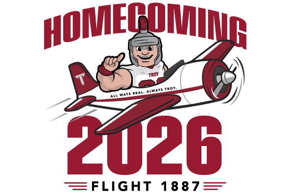 Homecoming 2026 graphic - T-roy in an airplane - Flight 1887