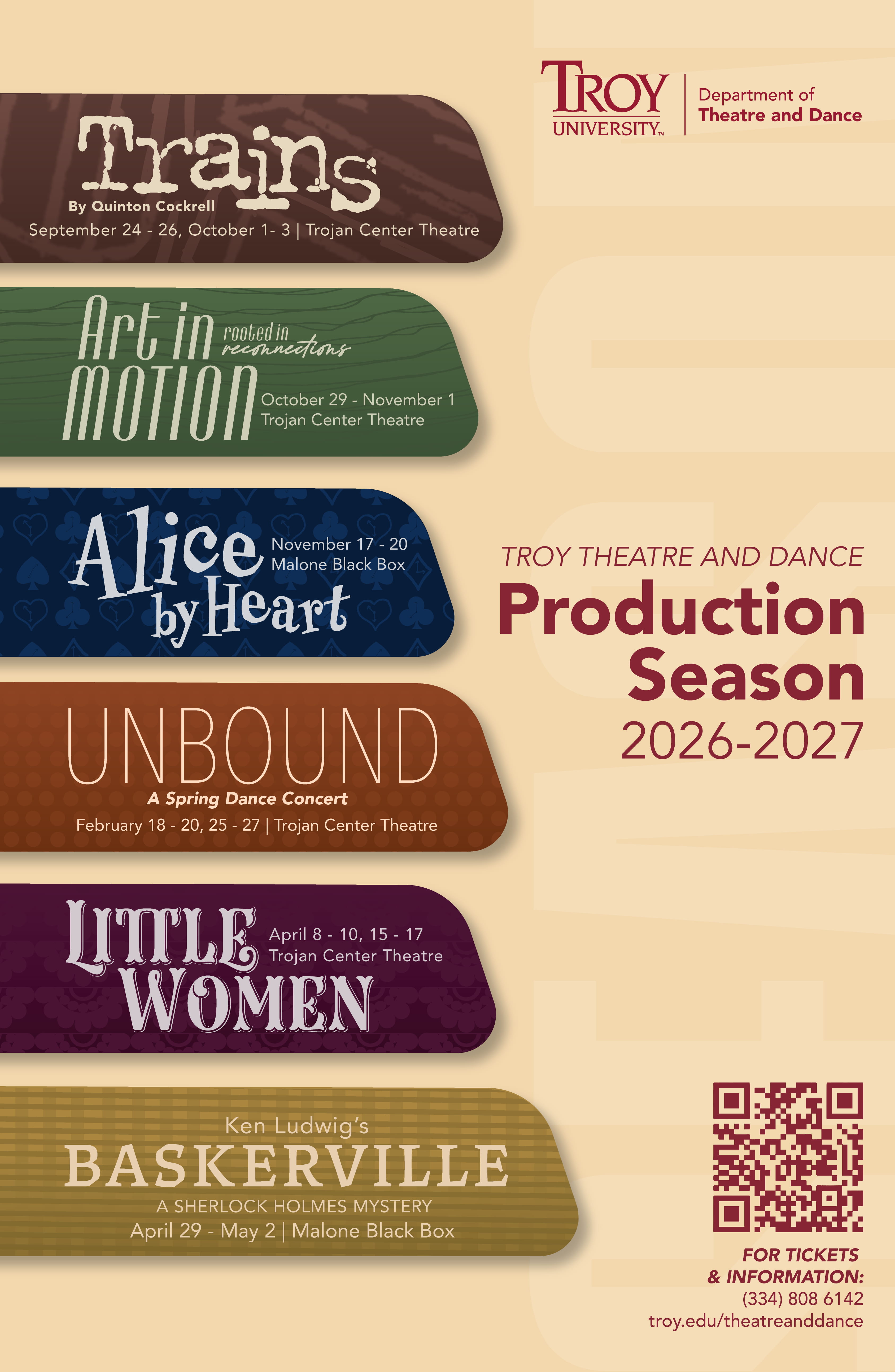 2026-2027 Production Season A collection of warm-colored show titles on a neutral background
