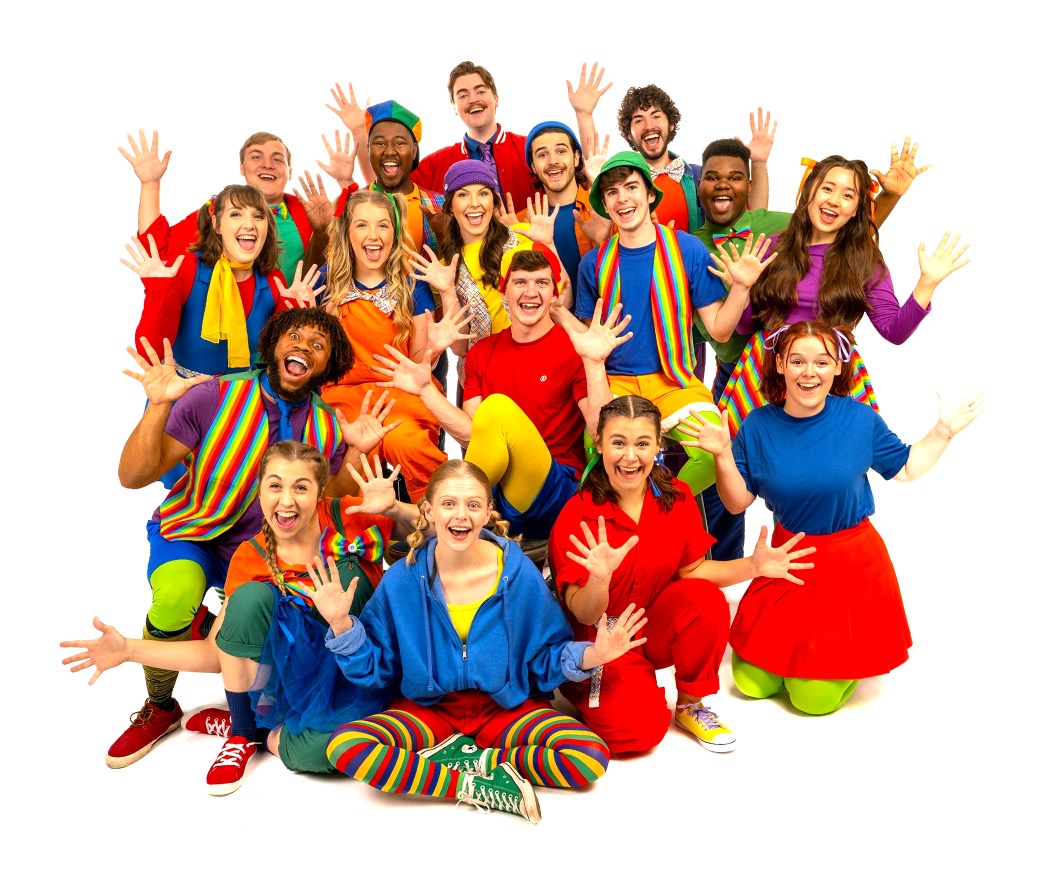 Group photo of brightly-costumed Pied Piper performers