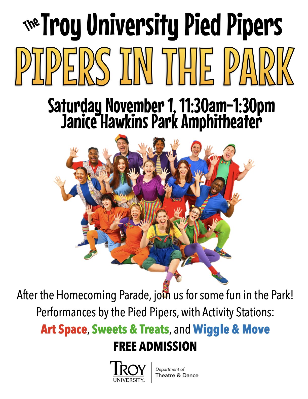 An advertisement for Pipers in the Park with a picture of the colorful group of performers with big smiles