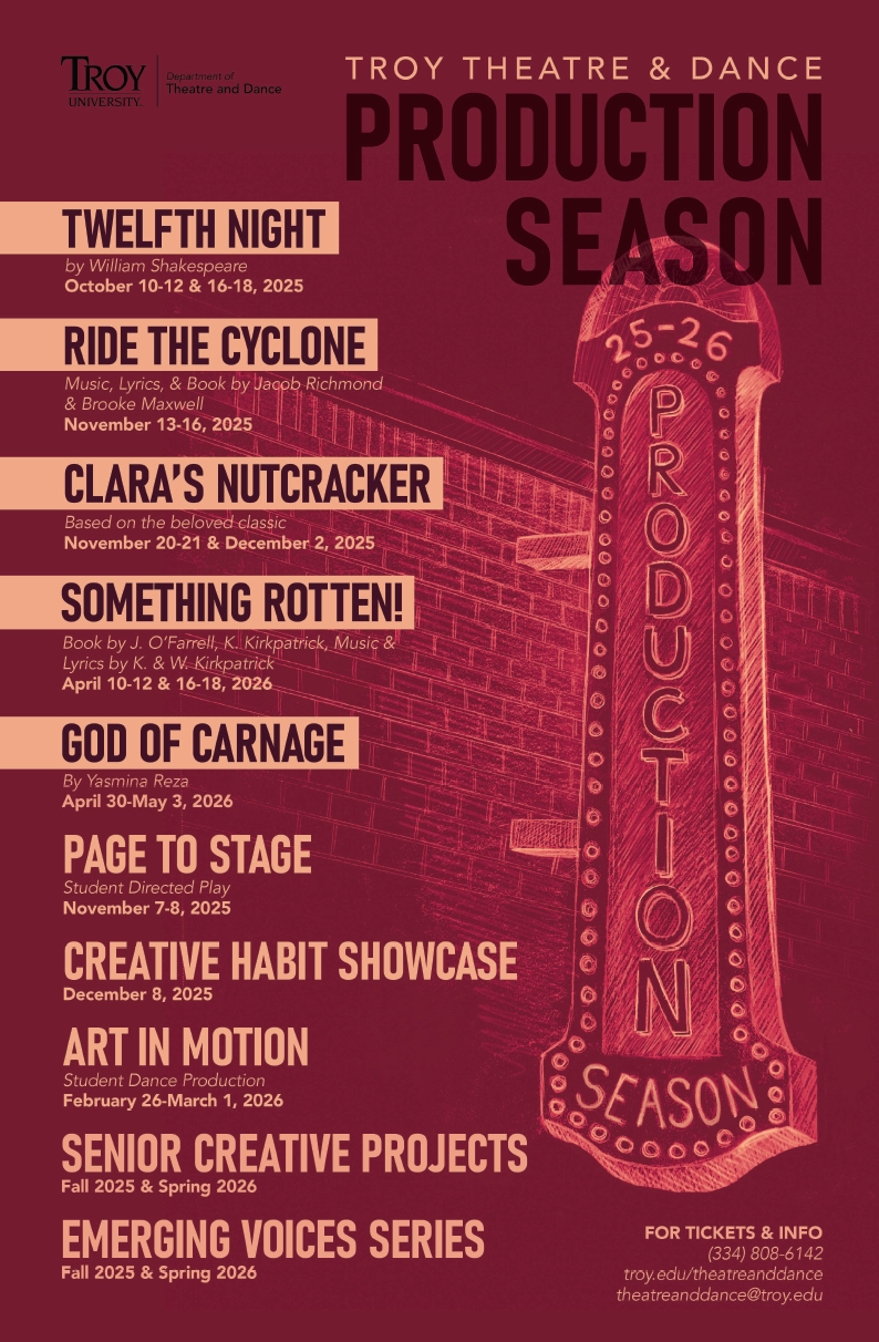 A cardinal poster featuring a marquee and a list of the shows for the 2025-2026 season