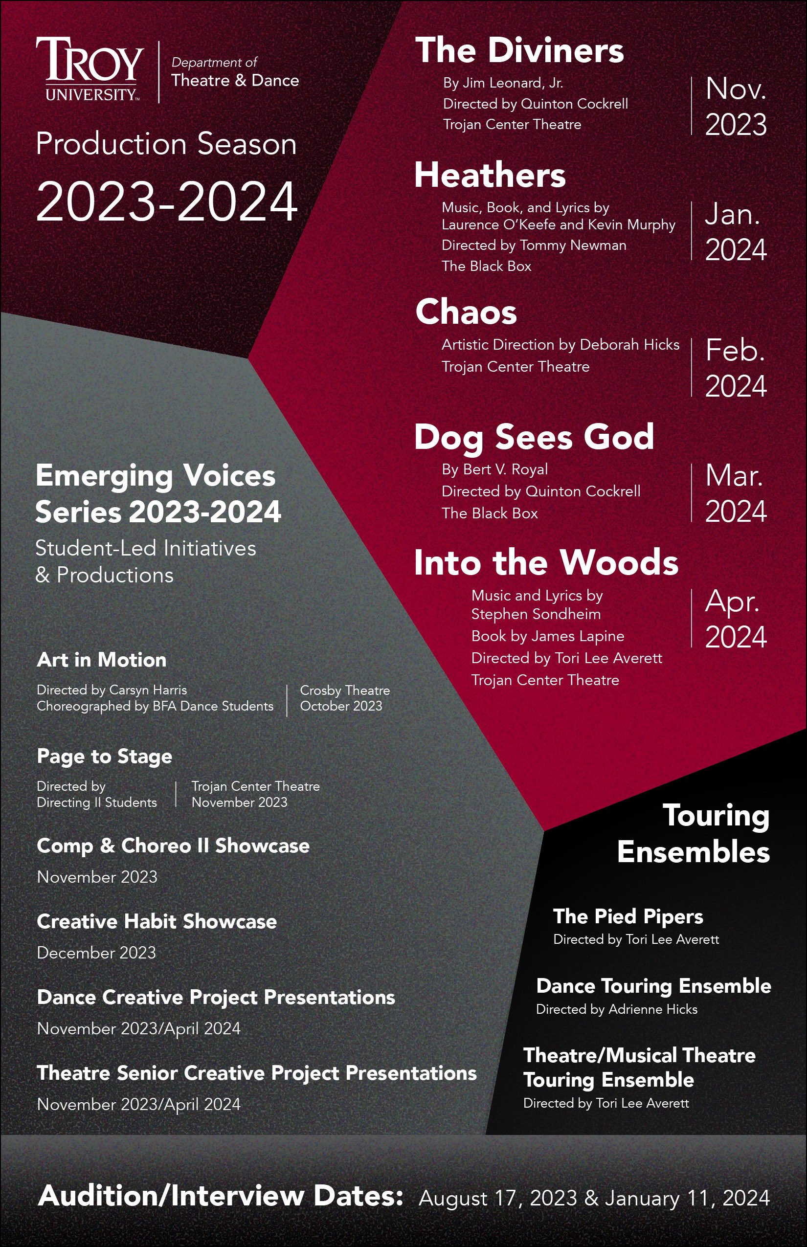 Theatre and Dance 2023-2024 Season A list of shows and productions for the 2023-2024 season