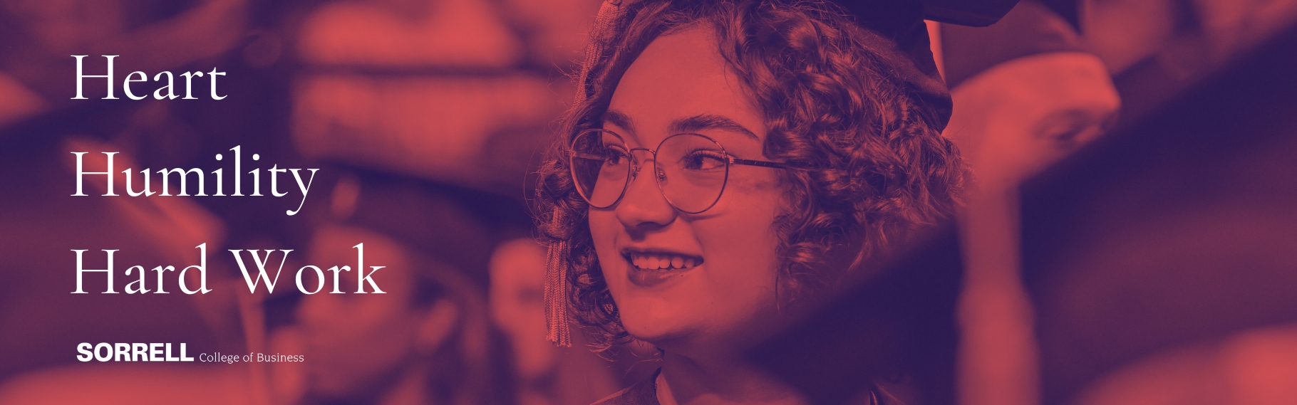 Homepage Header, graduation ceremony with student, left justified text (Heart,Humility, Hardwork).