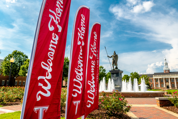 Welcome Home Flags in front of Quad Fountain