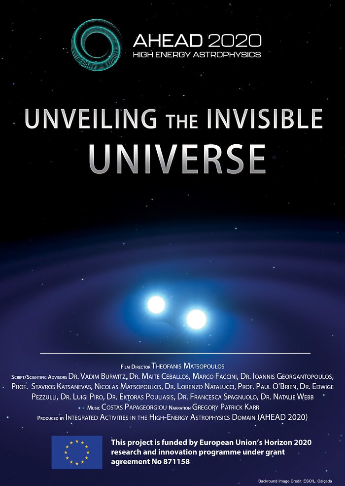 Unveiling the Invisible Universe Show title: Unveiling the Universe. Picture is binary star system with stars in orbit around each other with a space background.